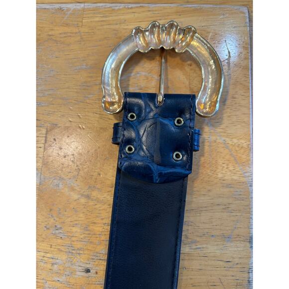 VTG Kandell and Marcus Navy Blue Croc Embossed Leather Belt Gold Buckle, XL main image 4
